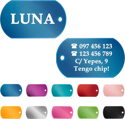 Ibera Gifts - Chapa Perro Grabada en Forma de Chapa Militar, Placa Perro Personalizada para Perros y Gatos Medianos a Muy Grandes, Tamaño 53 x 28 mm, Chapa Identificativa Perro y Gato (Azul)