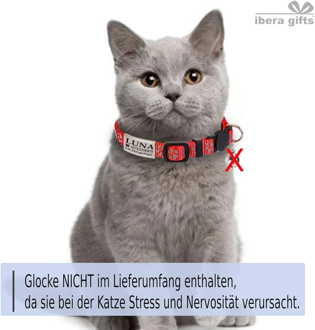 Ibera gifts - Katzenhalsband Personalisiert, Katzenhalsband mit Namen Für Katzen mit Sicherheitsverschluss Selbstöffnend, Reflektierend (Schwarz)