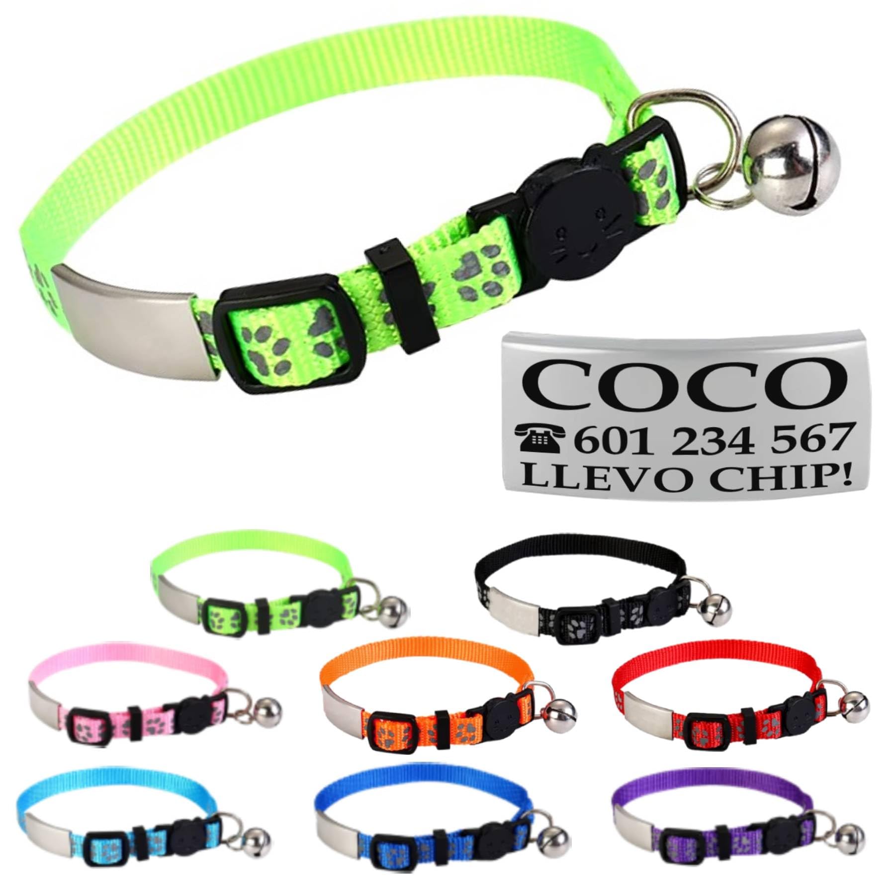 Ibera Gifts - Collar Gato Personalizado Antiahogo y Reflectante, Ajustable De 22 a 30 cm, Grabado Con Nombre, Para Gatos De Todos Los Tamaños, Sin Cascabel (Azul)