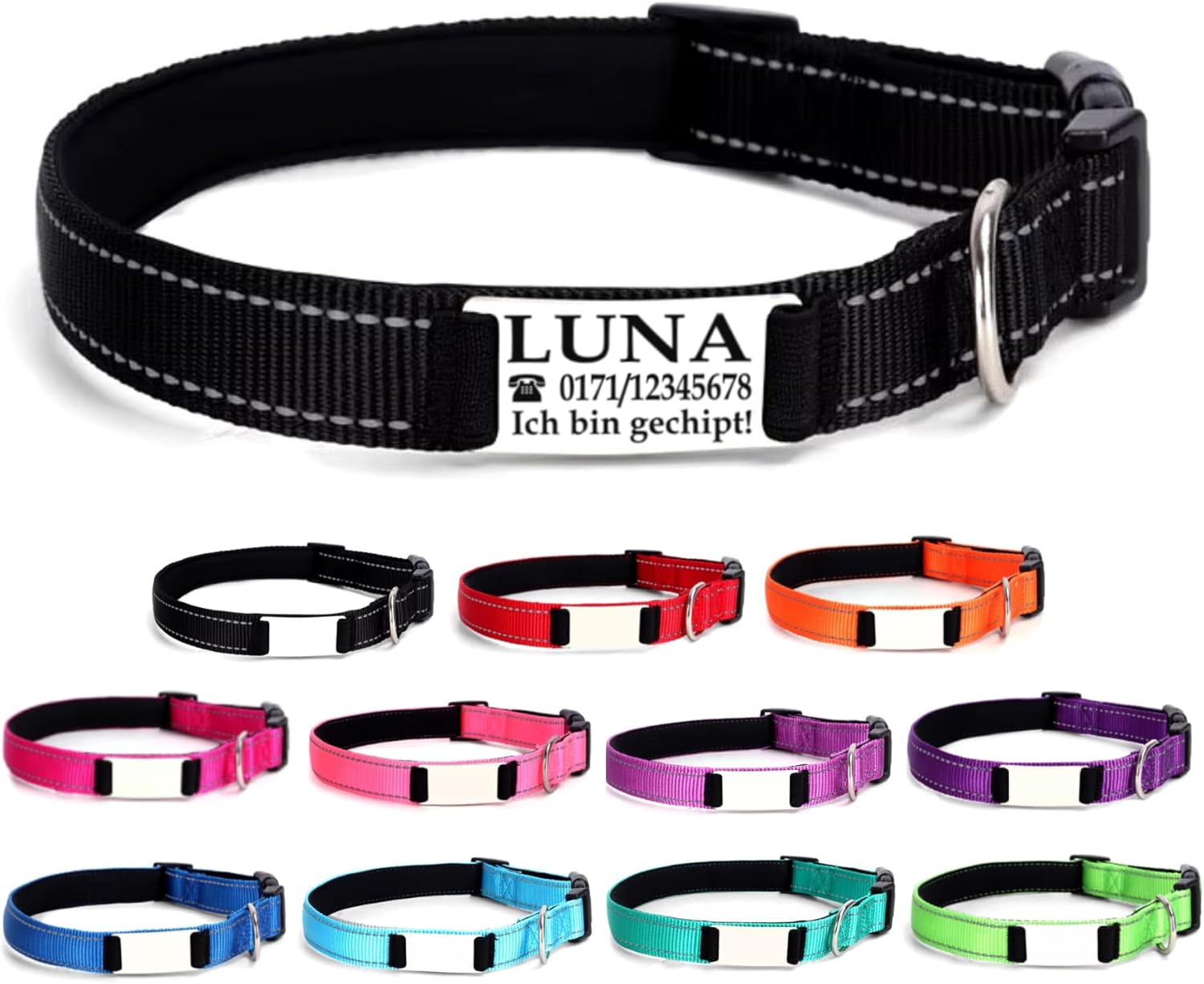 Ibera gifts - Hundehalsband Personalisiert, Hundehalsband Mit Namen Für Kleine Hunde, 25-40 cm, Reflektierend (Schwarz, S Klein)