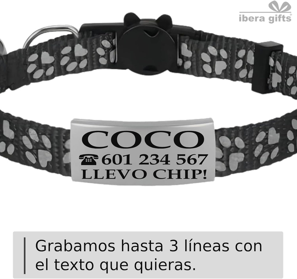 Ibera Gifts - Collar Gato Personalizado Antiahogo y Reflectante, Ajustable De 22 a 30 cm, Grabado Con Nombre, Para Gatos De Todos Los Tamaños, Sin Cascabel (Azul)