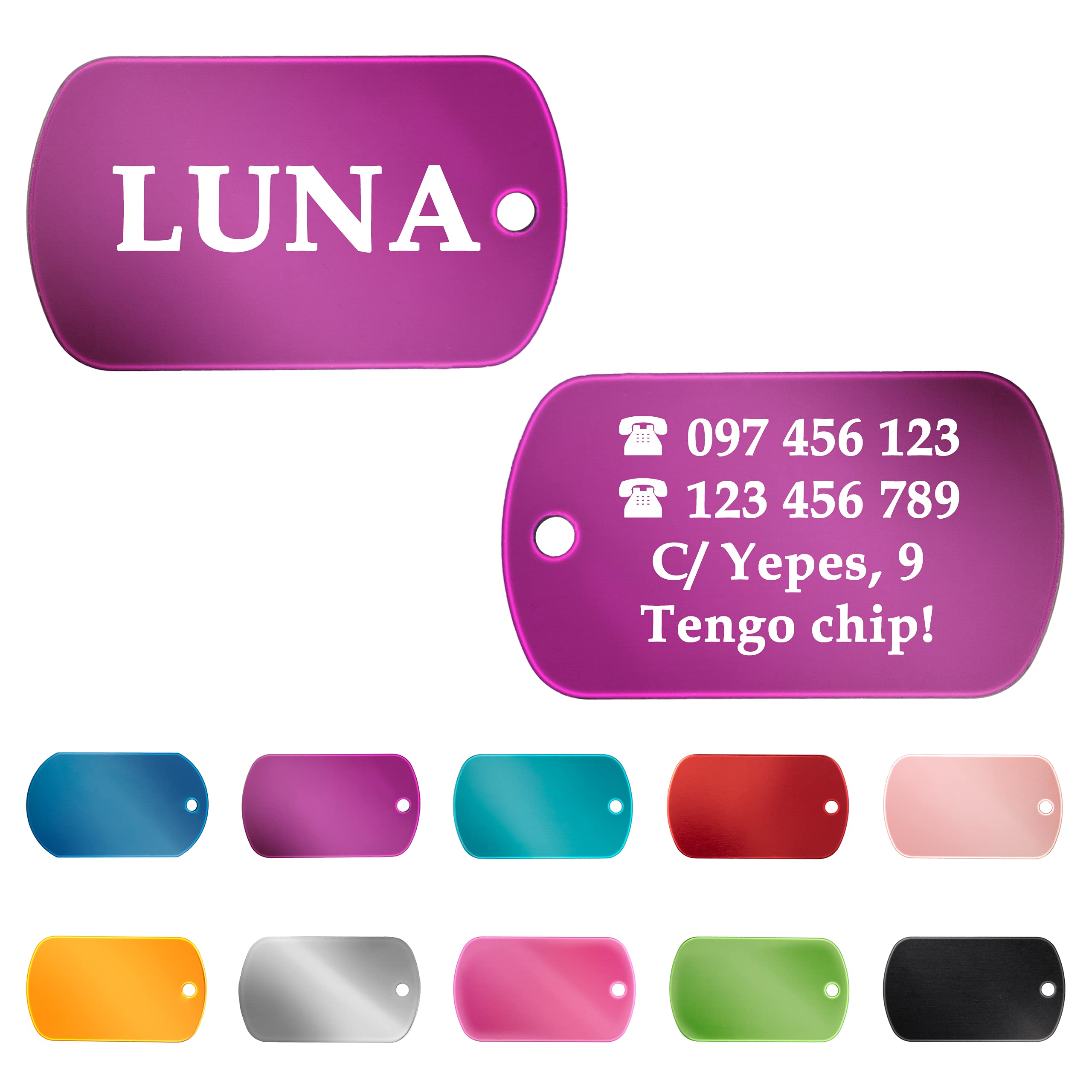 Ibera Gifts - Chapa Perro Grabada en Forma de Chapa Militar, Placa Perro Personalizada para Perros y Gatos Medianos a Muy Grandes, Tamaño 53 x 28 mm, Chapa Identificativa Perro y Gato (Azul)