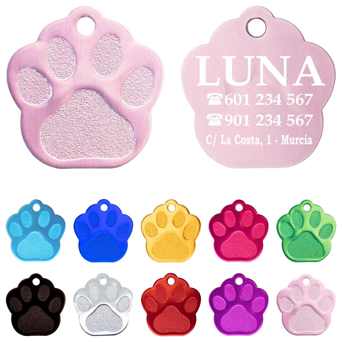Chapa Perro Grabada en Forma de Pata, Placa Perro Personalizada para Perros y Gatos Medianos y Grandes, Tamaño 35 mm x 35 mm, Chapa Identificativa Perro y Gato (Lila)