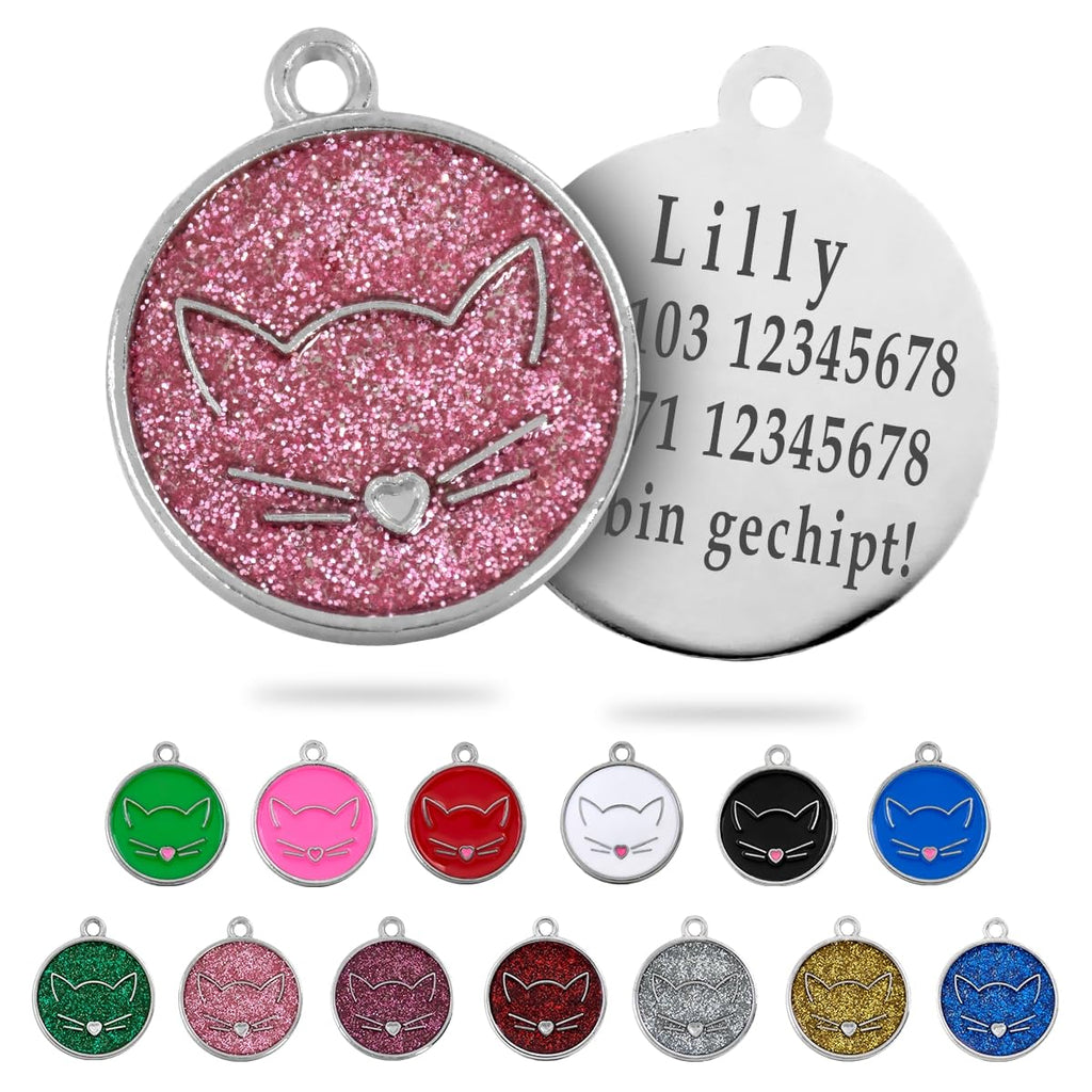 Ibera gifts - Runder Anhänger Katze mit Katzengesicht, personalisierter Adressanhänger für mittelgroße bis große Katzen, legiertes Metall, 25 x 25 mm, 4 Gravurzeilen auf der Rückseite (Glitter Blue)
