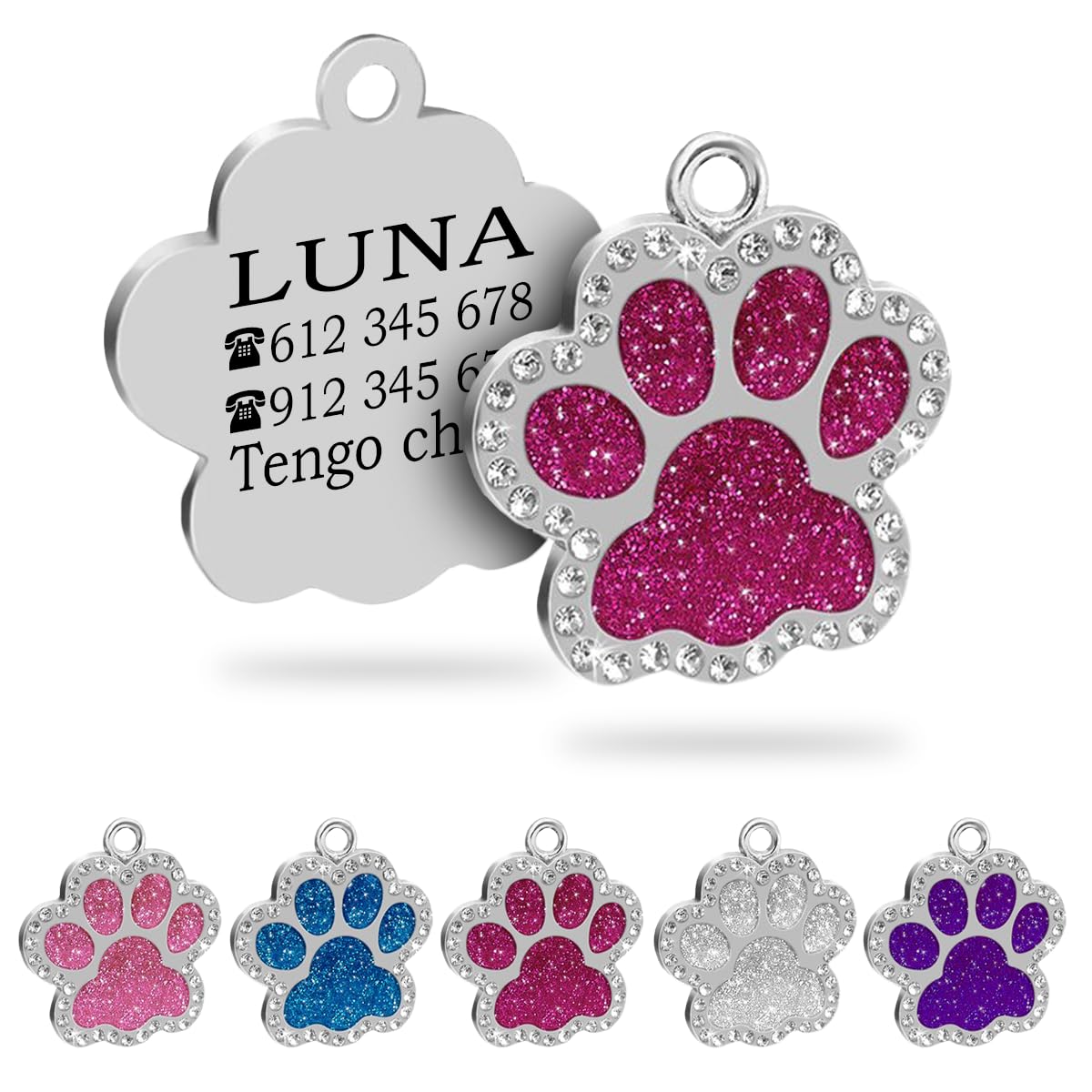 Ibera Gifts - Chapa Perro Grabada en Forma de Pata con Purpurina, Placa Perro Personalizada para Perros y Gatos Pequeños y Medianos, Tamaño 24 mm x 27 mm, Chapa Identificativa Perro y Gato (Azul)