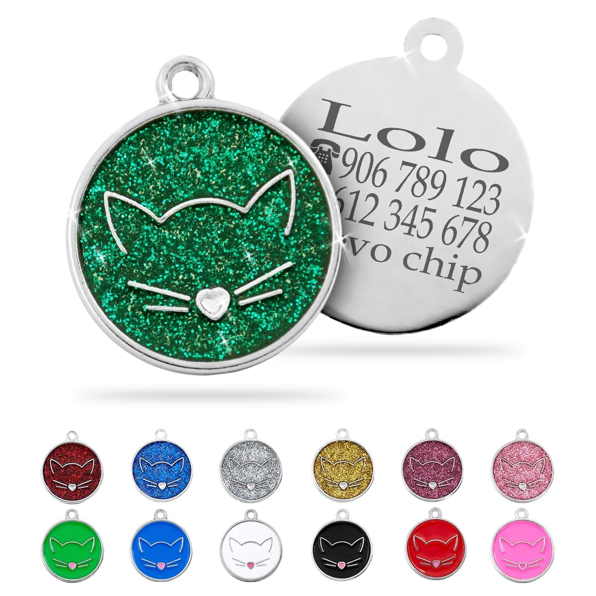 Ibera Gifts - Chapa Identificativa para Gato en Forma Redonda Con Cara de Gato, Nombre para Gatos de Todos los Tamaños, Metal de Aleación, Collar Personalizado (Negro)