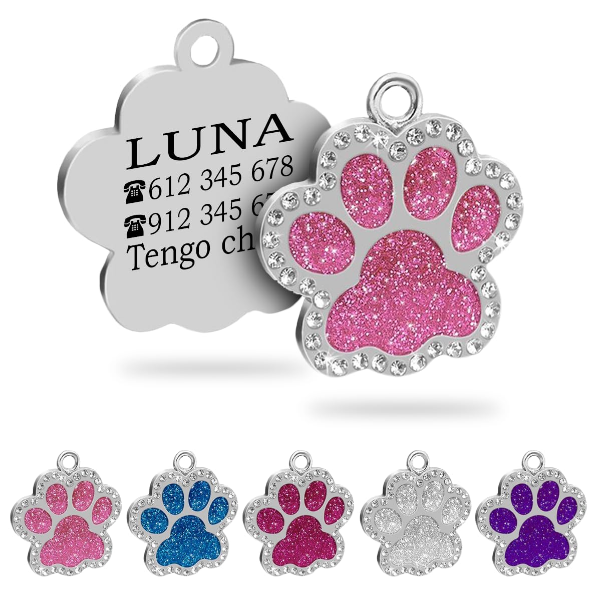 Ibera Gifts - Chapa Perro Grabada en Forma de Pata con Purpurina, Placa Perro Personalizada para Perros y Gatos Pequeños y Medianos, Tamaño 24 mm x 27 mm, Chapa Identificativa Perro y Gato (Azul)