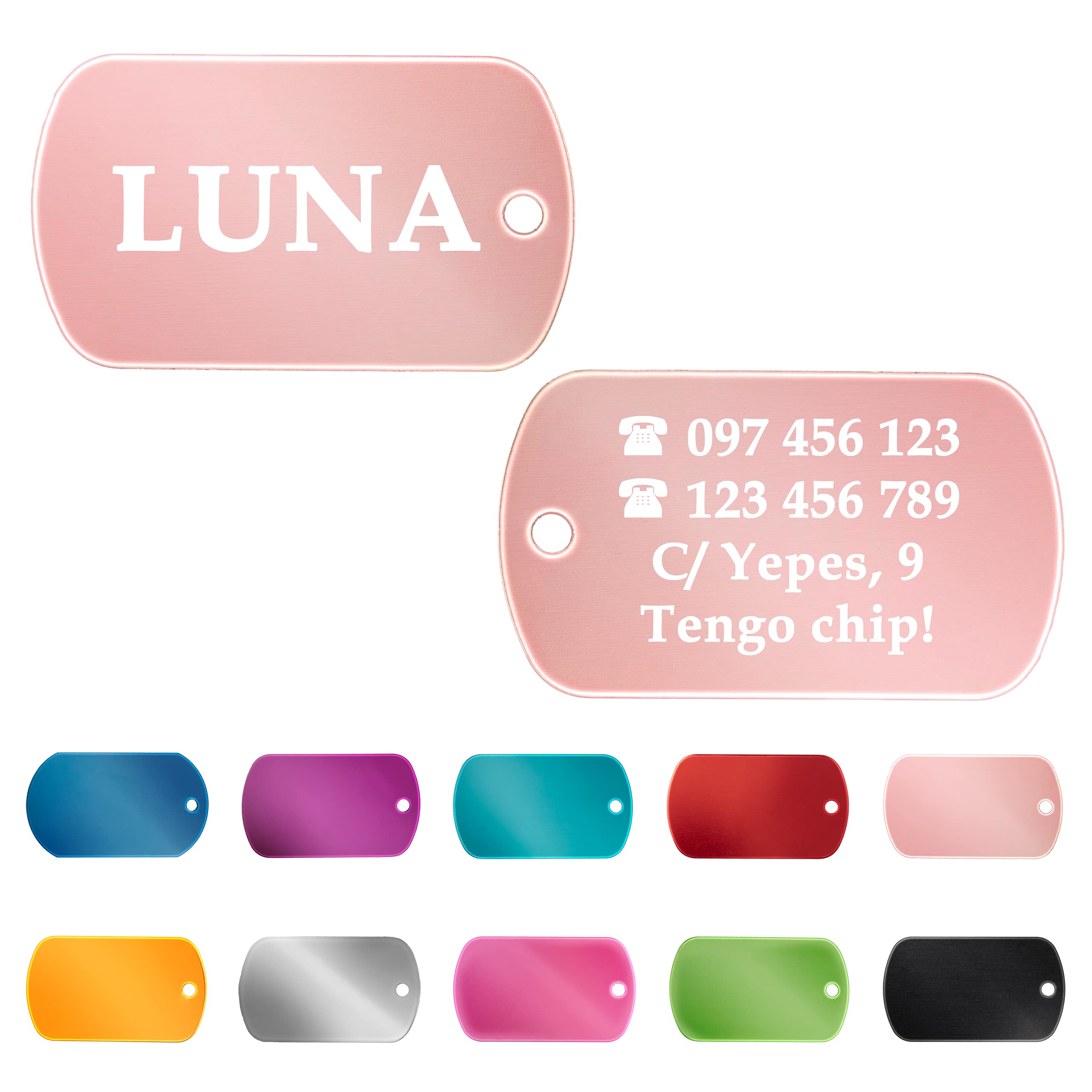 Ibera Gifts - Chapa Perro Grabada en Forma de Chapa Militar, Placa Perro Personalizada para Perros y Gatos Medianos a Muy Grandes, Tamaño 53 x 28 mm, Chapa Identificativa Perro y Gato (Azul)