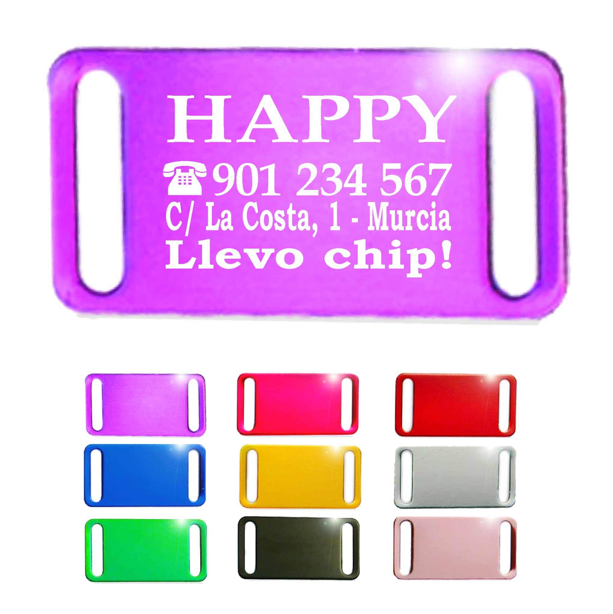 Ibera Gifts - Chapa Perro Grabada en Forma Rectangular para Fijar en el Collar, Placa Perro Personalizada para Perros y Gatos Pequeños a Medianos, Aluminio Brillante, Tamaño 44 x 22 mm (Plateado)