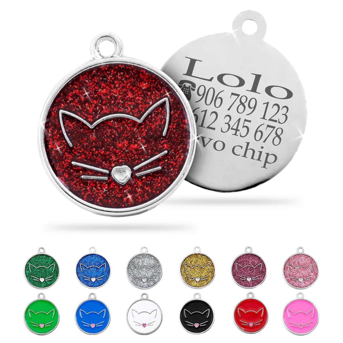 Ibera Gifts - Chapa Identificativa para Gato en Forma Redonda Con Cara de Gato, Nombre para Gatos de Todos los Tamaños, Metal de Aleación, Collar Personalizado (Negro)