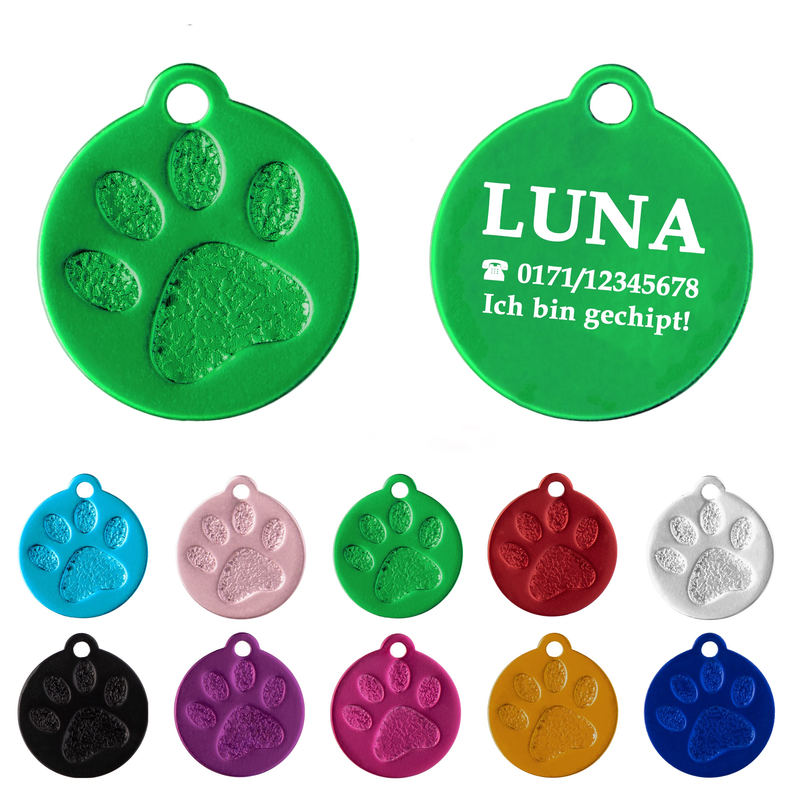 Ibera gifts - Hundemarke mit Gravur und personalisierte Hundemarke rund mit Pfote für kleine bis mittelgroße Hunde und Katzen (S-M, Blau)