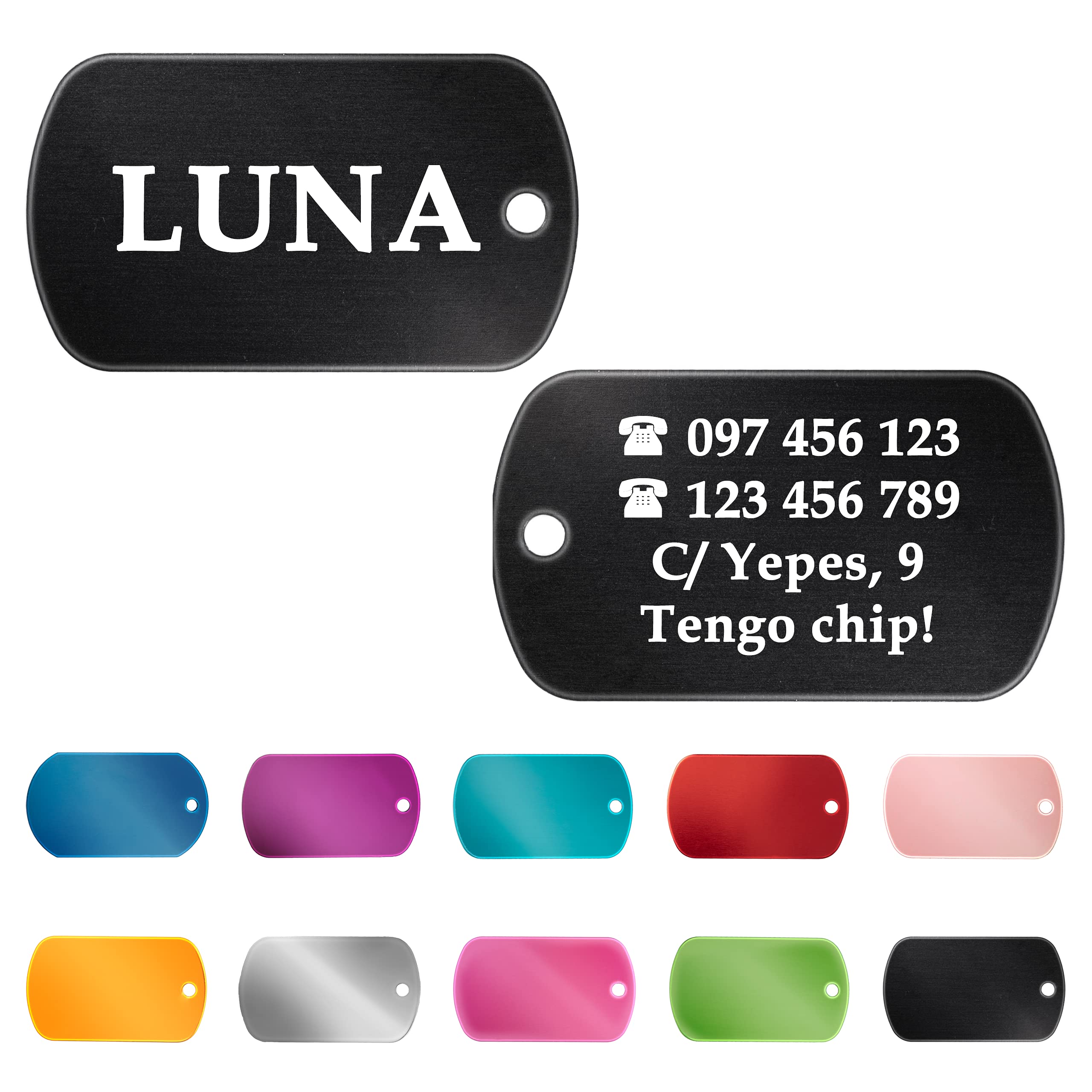 Ibera Gifts - Chapa Perro Grabada en Forma de Chapa Militar, Placa Perro Personalizada para Perros y Gatos Medianos a Muy Grandes, Tamaño 53 x 28 mm, Chapa Identificativa Perro y Gato (Azul)