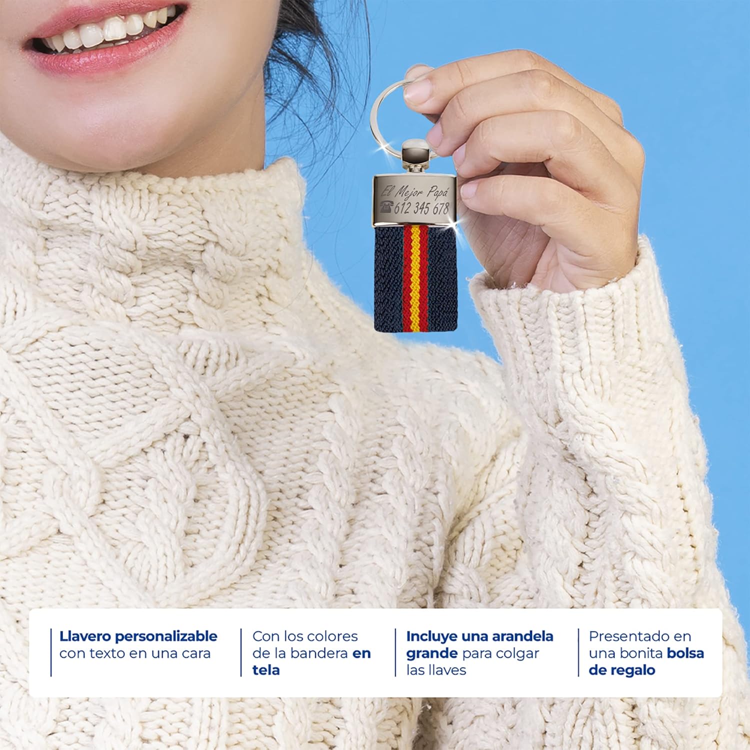 ibera gifts Llavero personalizado Bandera de España - Regalos originales personalizados Mujer, Hombre, Parejas, Novios, Papa, Dia de Padre - Grabado con Nombre, Mensaje, Llaveros originales