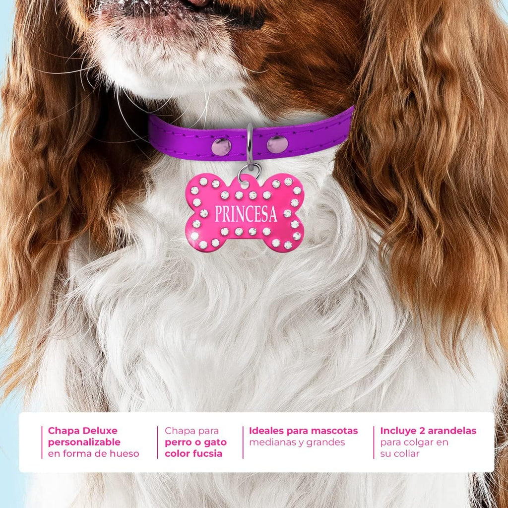 Ibera Gifts - Chapa Perro Grabada en Forma de Hueso con Pedrería, Placa Perro Personalizada para Perros y Gatos Medianos a Grandes, Tamaño 40 x 27 mm, Chapa Identificativa Perro y Gato (Fucsia)