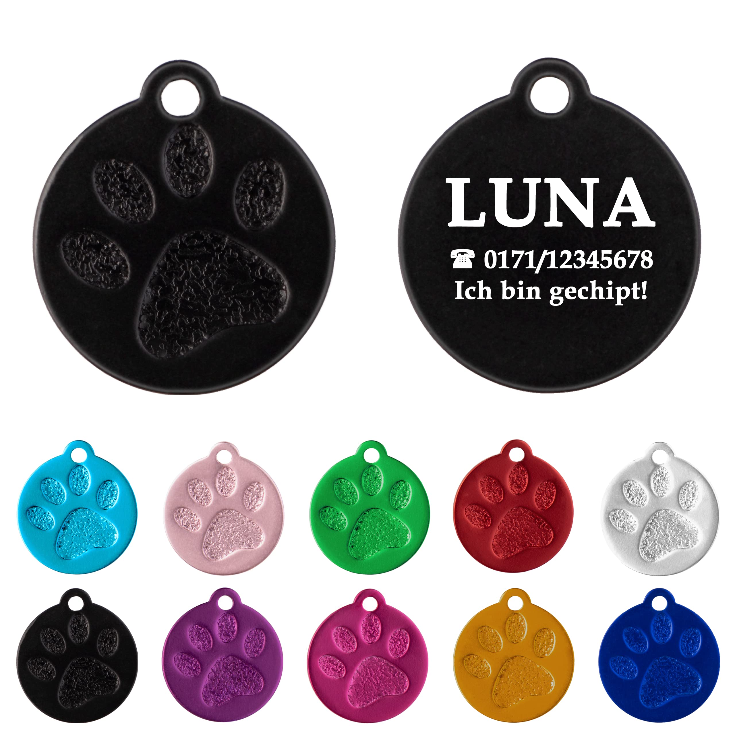 Ibera gifts - Hundemarke mit Gravur und personalisierte Hundemarke rund mit Pfote für kleine bis mittelgroße Hunde und Katzen (S-M, Blau)