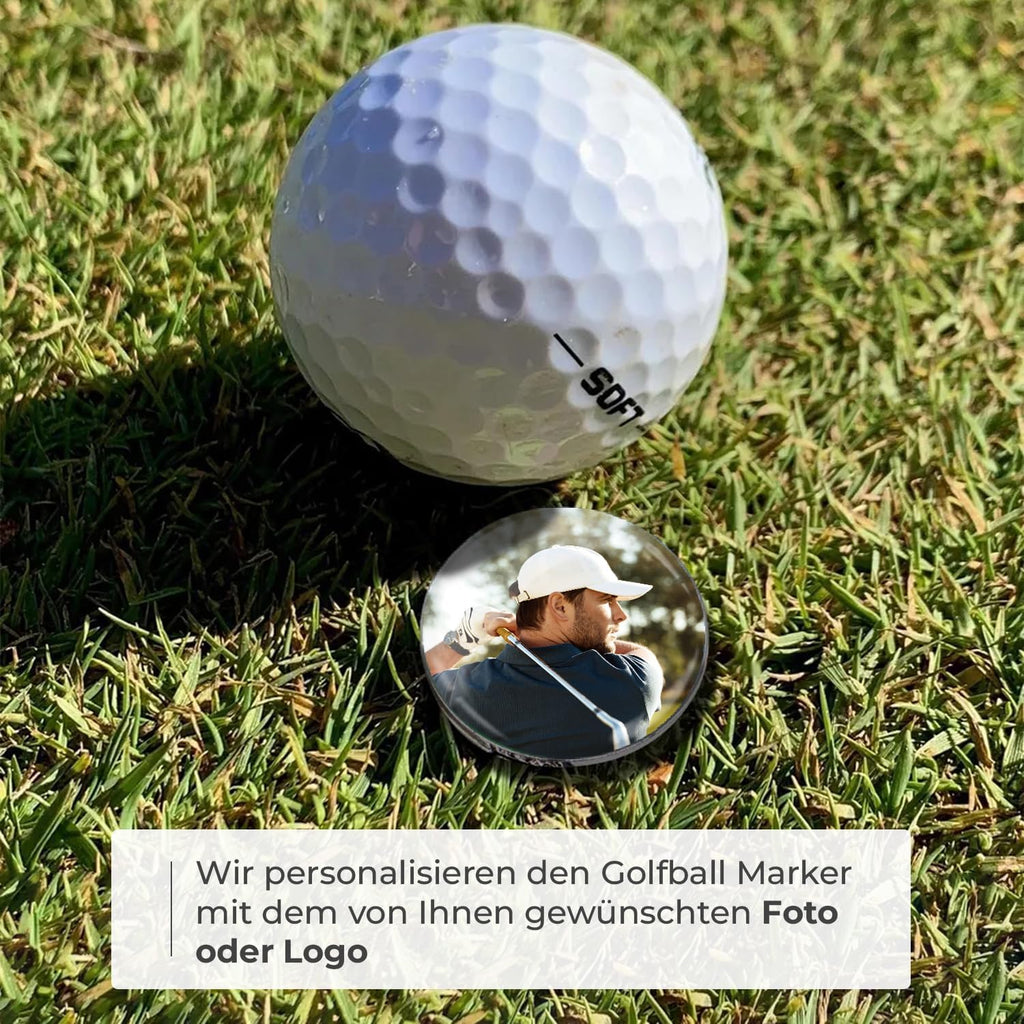 ibera gifts - 2 Golfball Markierer personalisiert mit Foto und 1 magnetischer Golf Cap Clip, Ballmarker Golf aus Metall, 2,5 cm Bilddurchmesser, in edler Metallbox
