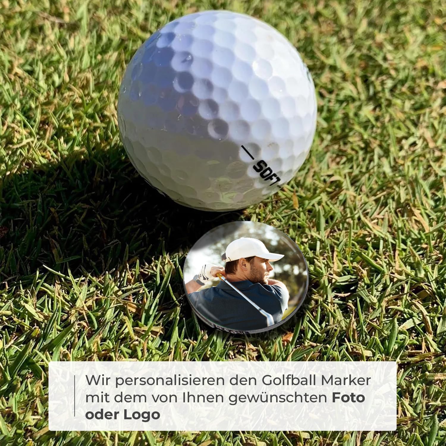 ibera gifts - 2 Golfball Markierer personalisiert mit Foto und 1 magnetischer Golf Cap Clip, Ballmarker Golf aus Metall, 2,5 cm Bilddurchmesser, in edler Metallbox