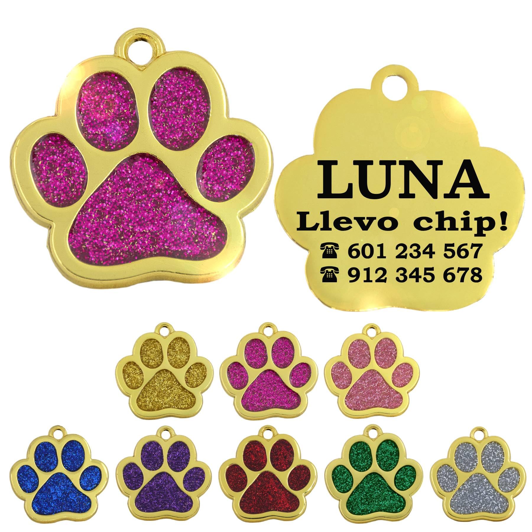 Ibera Gifts - Chapa Perro Grabada en Forma de Pata con Purpurina, Placa Perro Personalizada para Perros y Gatos Pequeños y Medianos, Tamaño 24 mm x 27 mm, Chapa Identificativa Perro y Gato (Azul)