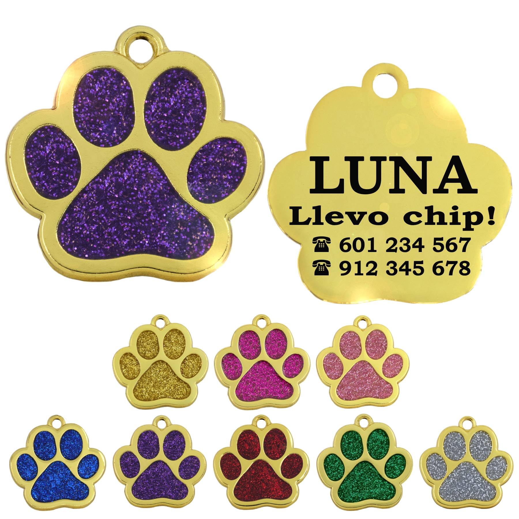 Ibera Gifts - Chapa Perro Grabada en Forma de Pata con Purpurina, Placa Perro Personalizada para Perros y Gatos Pequeños y Medianos, Tamaño 24 mm x 27 mm, Chapa Identificativa Perro y Gato (Azul)