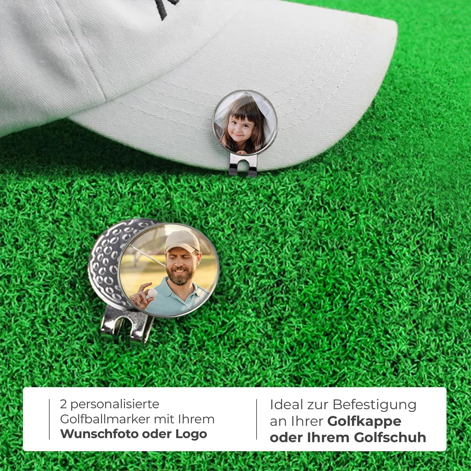ibera gifts - 2 Golfball Markierer personalisiert mit Foto und 1 magnetischer Golf Cap Clip, Ballmarker Golf aus Metall, 2,5 cm Bilddurchmesser, in edler Metallbox