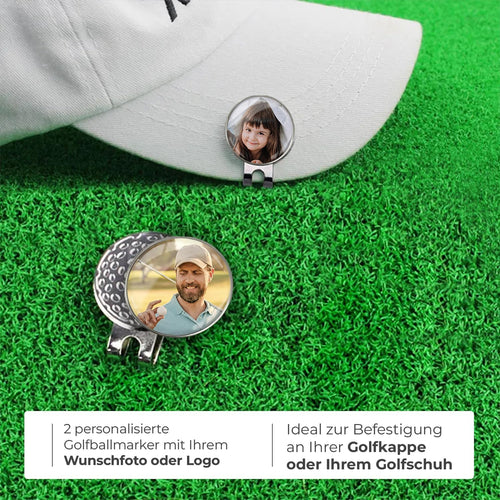 ibera gifts - 2 Golfball Markierer personalisiert mit Foto und 1 magnetischer Golf Cap Clip, Ballmarker Golf aus Metall, 2,5 cm Bilddurchmesser, in edler Metallbox