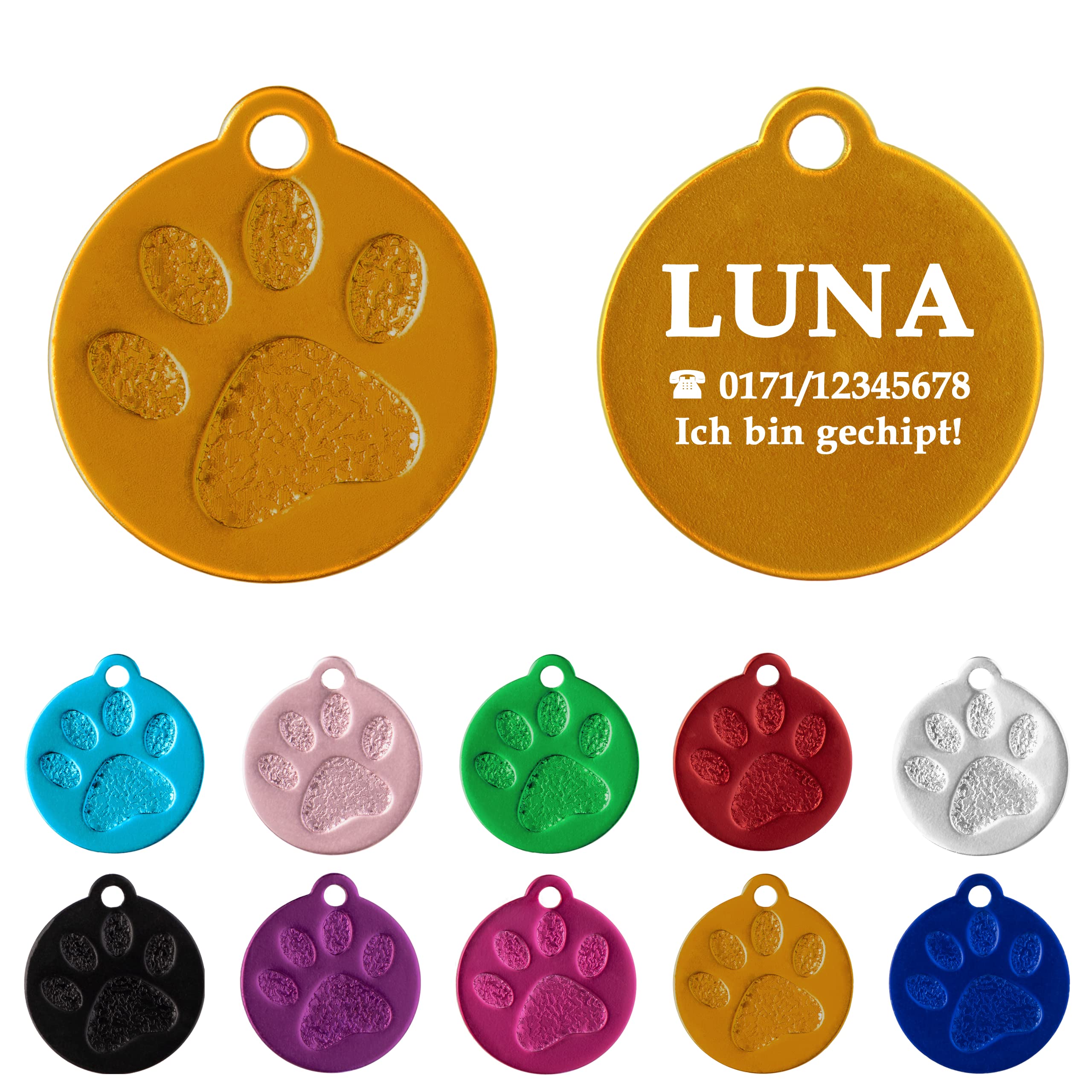 Ibera gifts - Hundemarke mit Gravur und personalisierte Hundemarke rund mit Pfote für kleine bis mittelgroße Hunde und Katzen (S-M, Blau)