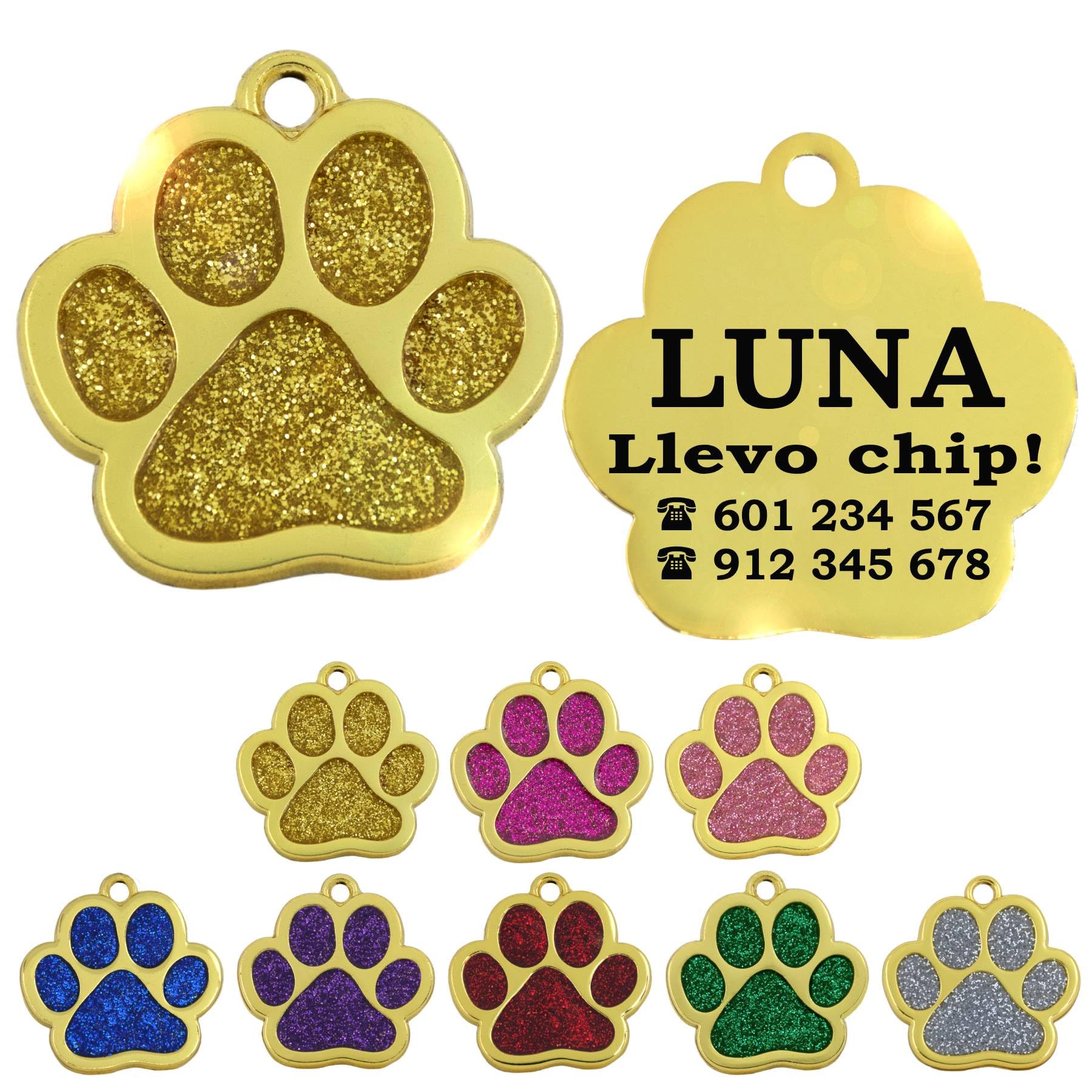 Ibera Gifts - Chapa Perro Grabada en Forma de Pata con Purpurina, Placa Perro Personalizada para Perros y Gatos Pequeños y Medianos, Tamaño 24 mm x 27 mm, Chapa Identificativa Perro y Gato (Azul)