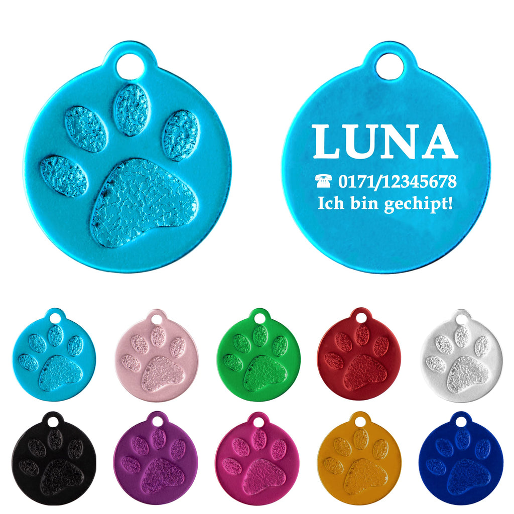 Ibera gifts - Hundemarke mit Gravur und personalisierte Hundemarke rund mit Pfote für kleine bis mittelgroße Hunde und Katzen (S-M, Blau)