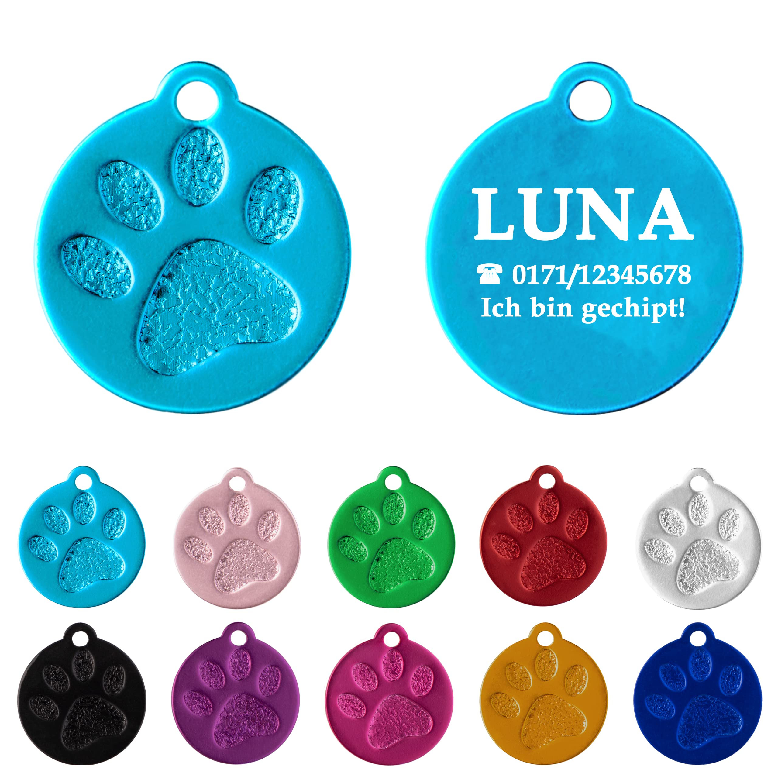 Ibera gifts - Hundemarke mit Gravur und personalisierte Hundemarke rund mit Pfote für kleine bis mittelgroße Hunde und Katzen (S-M, Blau)