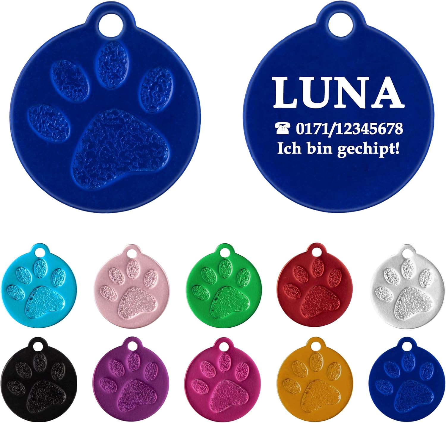 Ibera gifts - Hundemarke mit Gravur und personalisierte Hundemarke rund mit Pfote für kleine bis mittelgroße Hunde und Katzen (S-M, Blau)
