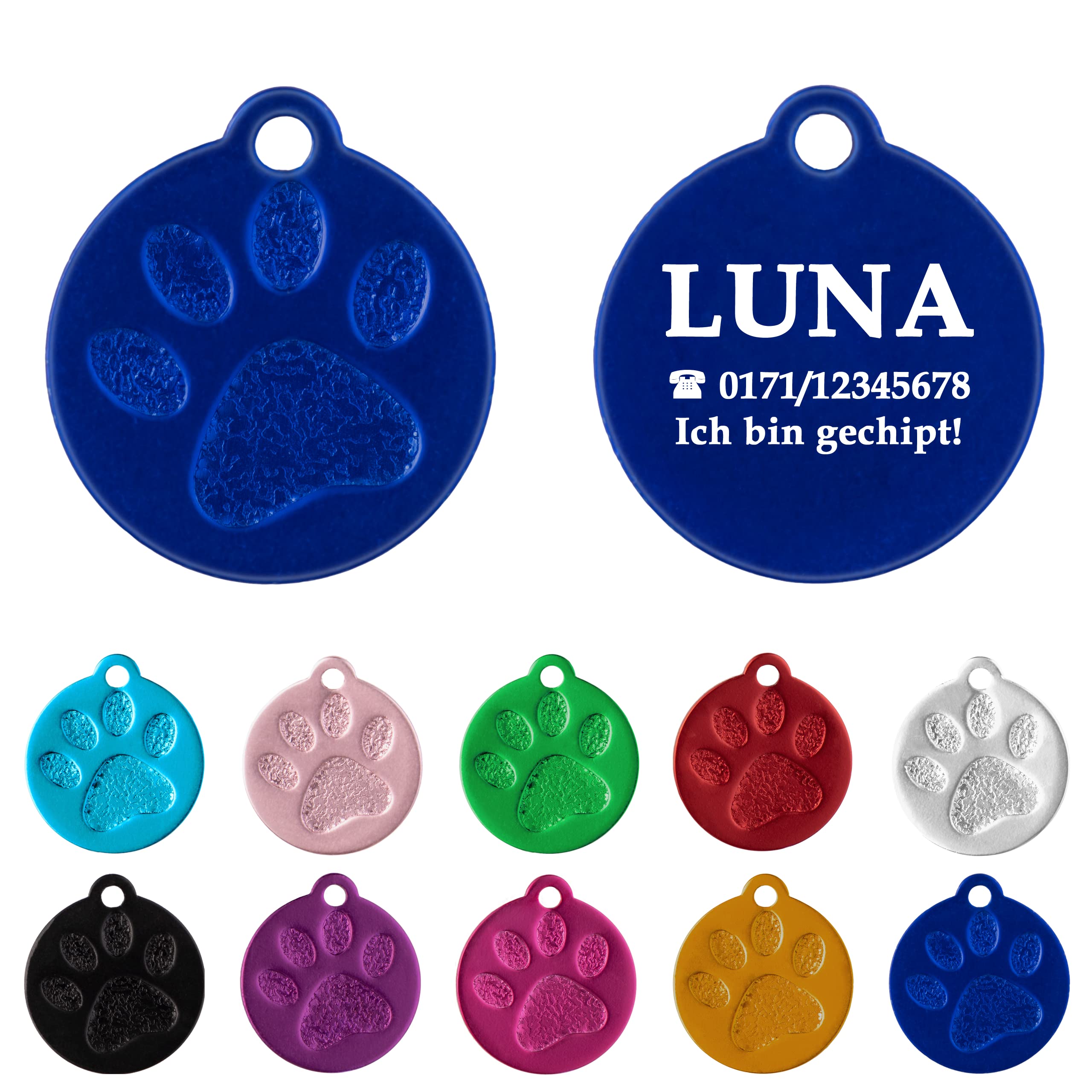 Ibera gifts - Hundemarke mit Gravur und personalisierte Hundemarke rund mit Pfote für kleine bis mittelgroße Hunde und Katzen (S-M, Blau)