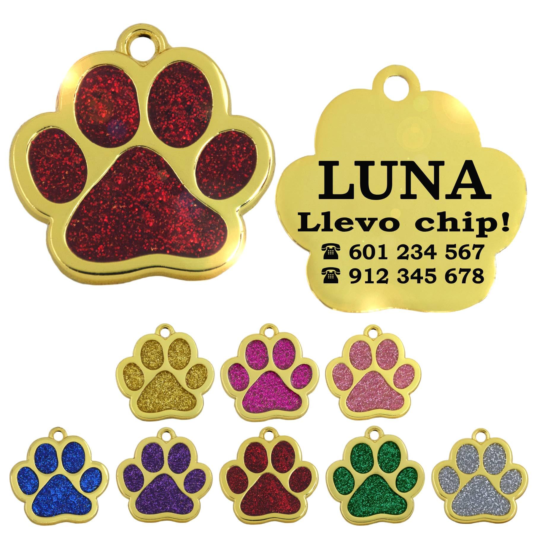 Ibera Gifts - Chapa Perro Grabada en Forma de Pata con Purpurina, Placa Perro Personalizada para Perros y Gatos Pequeños y Medianos, Tamaño 24 mm x 27 mm, Chapa Identificativa Perro y Gato (Azul)
