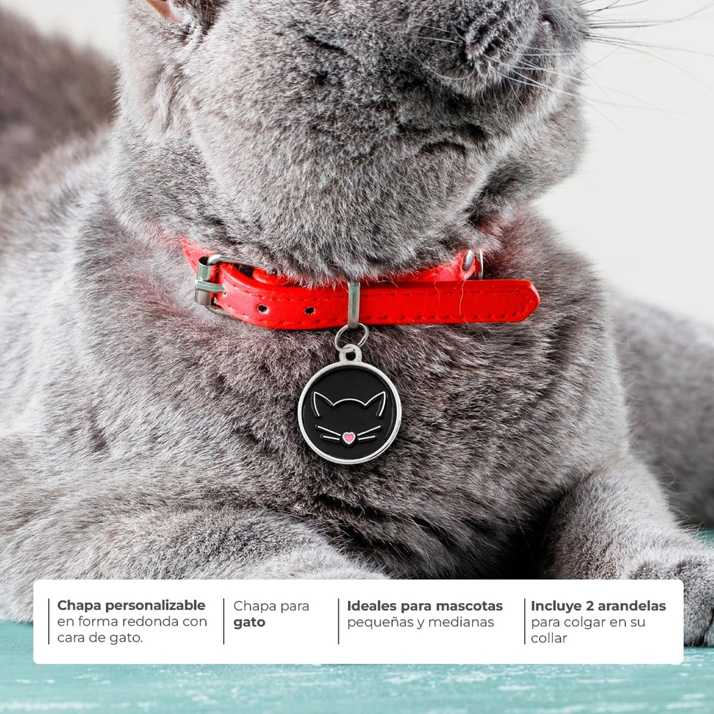 Ibera Gifts - Chapa Identificativa para Gato en Forma Redonda Con Cara de Gato, Nombre para Gatos de Todos los Tamaños, Metal de Aleación, Collar Personalizado (Negro)
