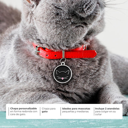 Ibera Gifts - Chapa Identificativa para Gato en Forma Redonda Con Cara de Gato, Nombre para Gatos de Todos los Tamaños, Metal de Aleación, Collar Personalizado (Negro)