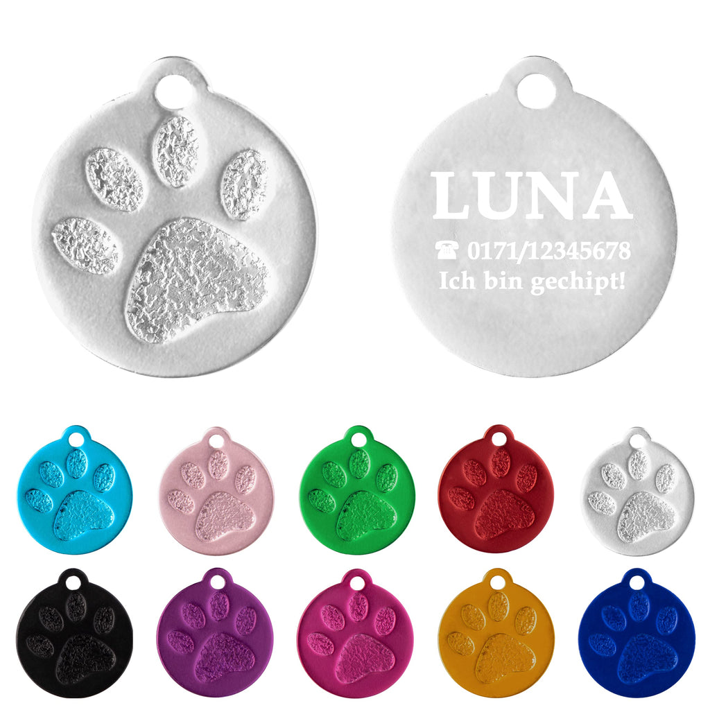 Ibera gifts - Hundemarke mit Gravur und personalisierte Hundemarke rund mit Pfote für kleine bis mittelgroße Hunde und Katzen (S-M, Blau)