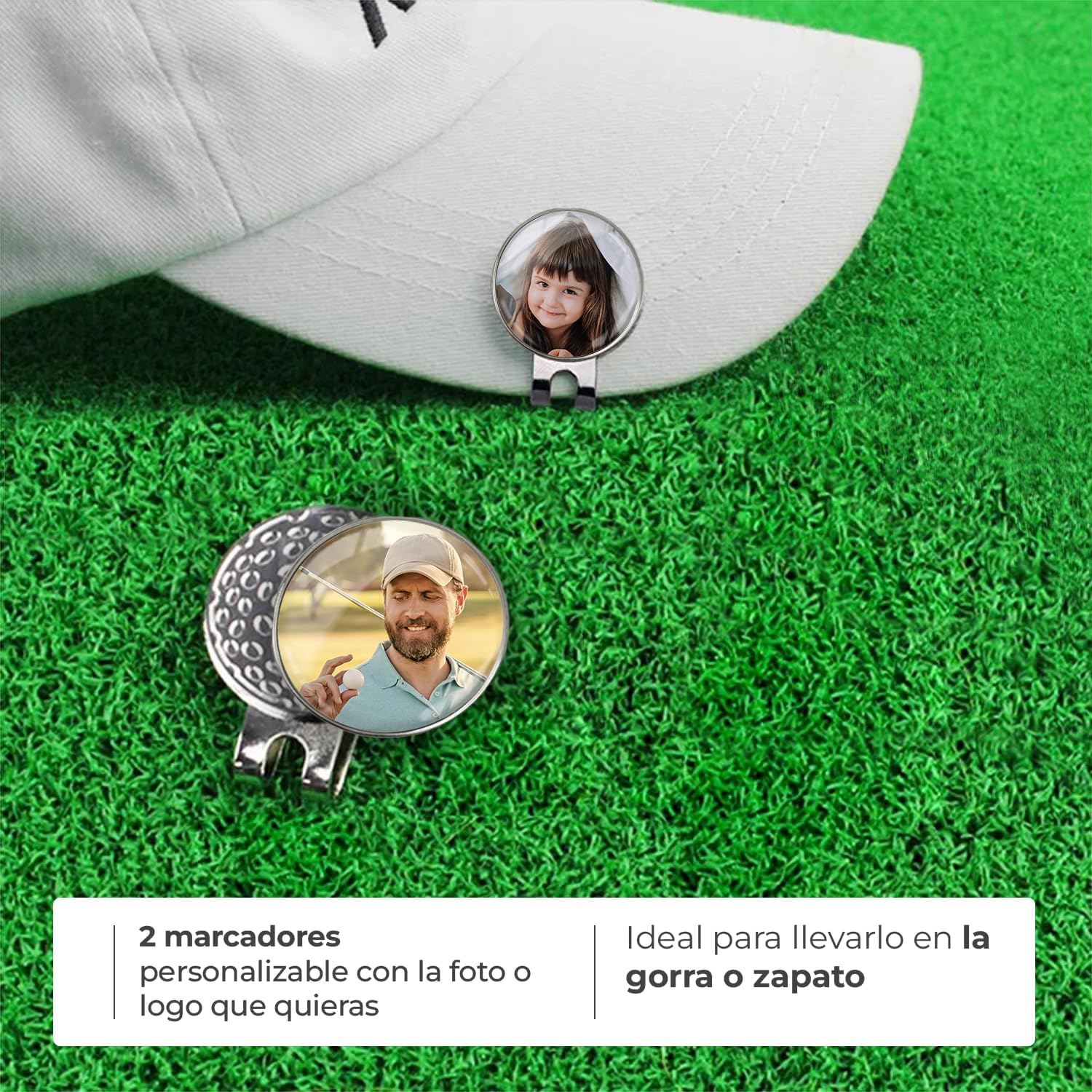 ibera gifts - Marcador Bolas de Golf Personalizado con Clip Gorra Magnético y 2 Marcadores de Bola, Presentado en Caja de Regalo, Diámetro 2,5 cm