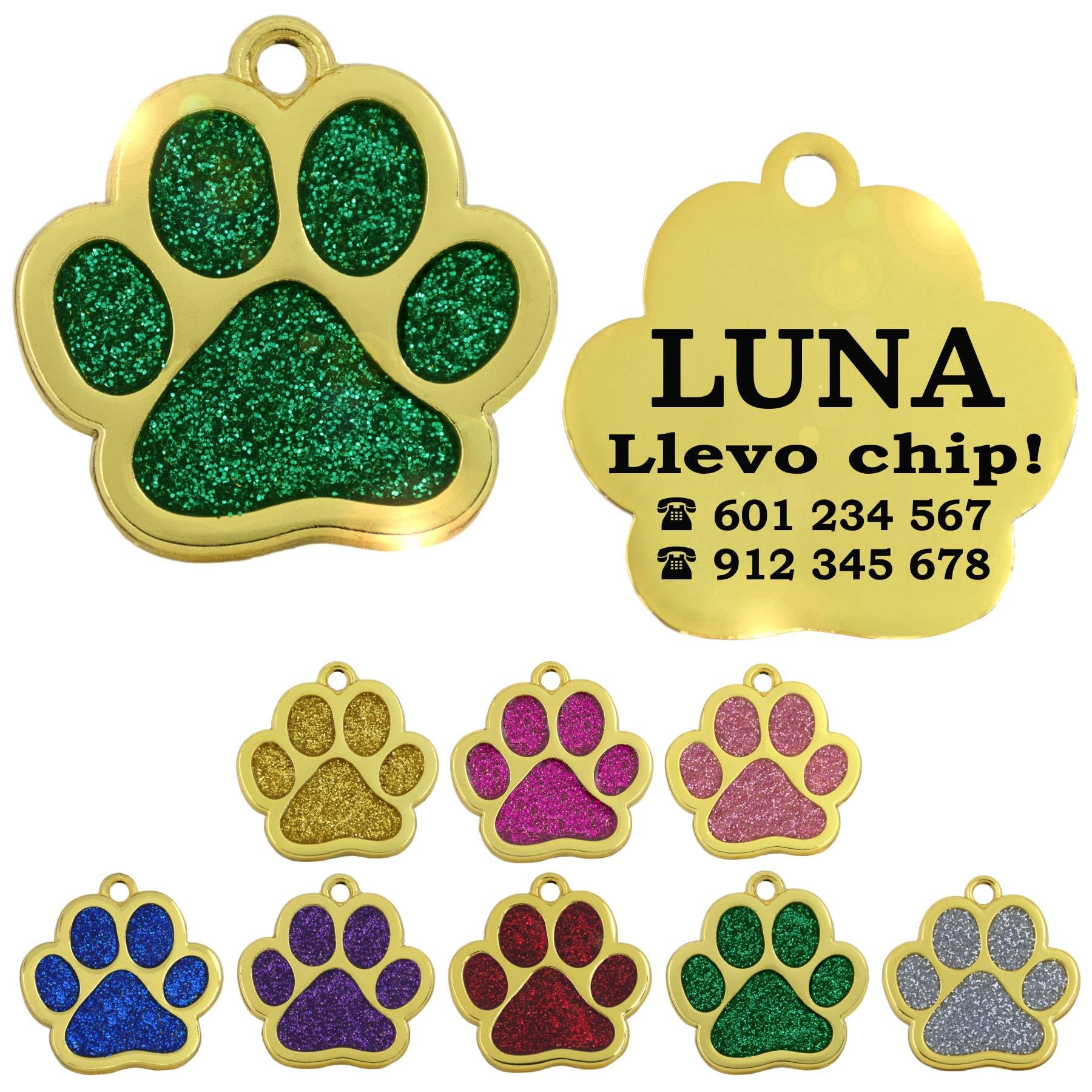 Ibera Gifts - Chapa Perro Grabada en Forma de Pata con Purpurina, Placa Perro Personalizada para Perros y Gatos Pequeños y Medianos, Tamaño 24 mm x 27 mm, Chapa Identificativa Perro y Gato (Azul)