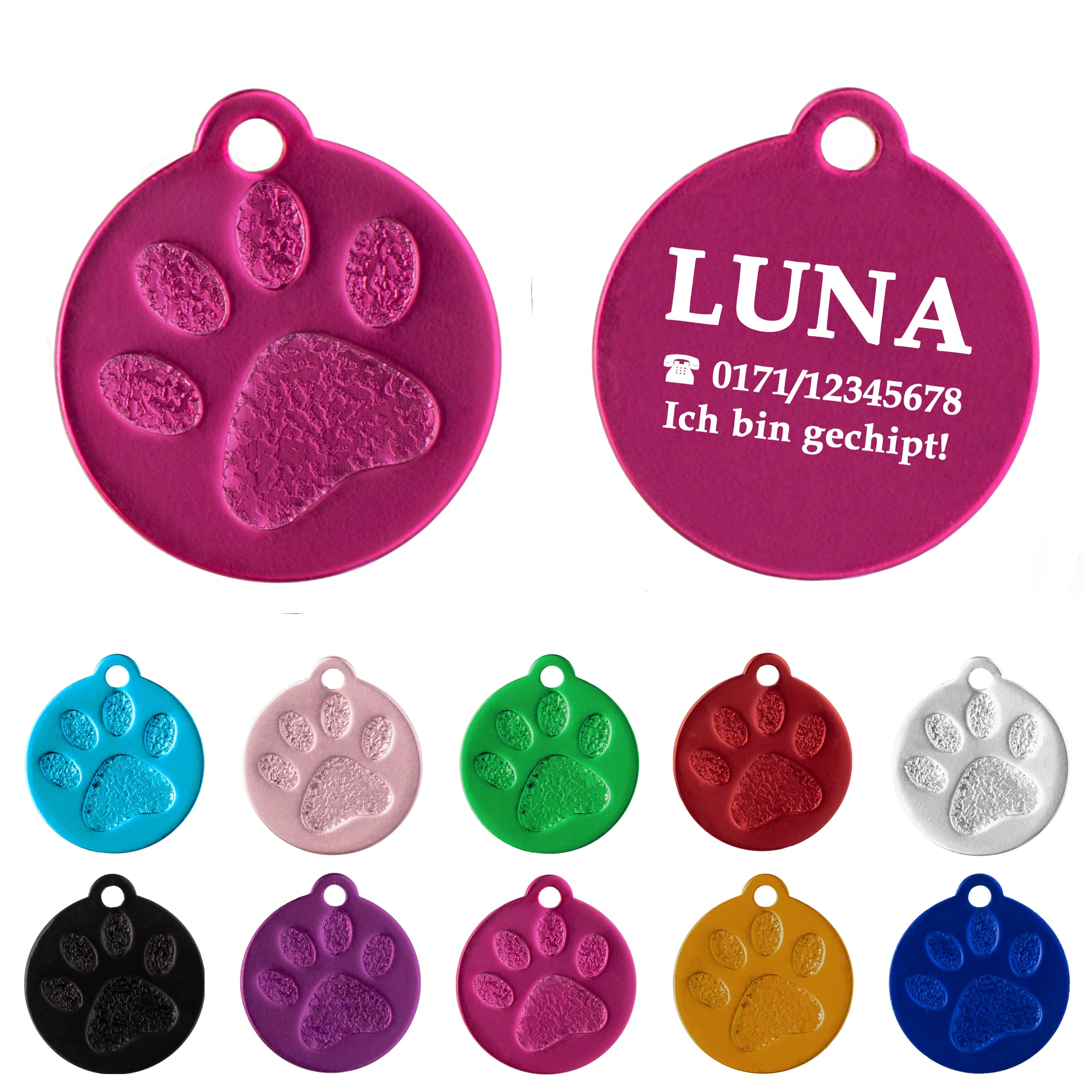 Ibera gifts - Hundemarke mit Gravur und personalisierte Hundemarke rund mit Pfote für kleine bis mittelgroße Hunde und Katzen (S-M, Blau)