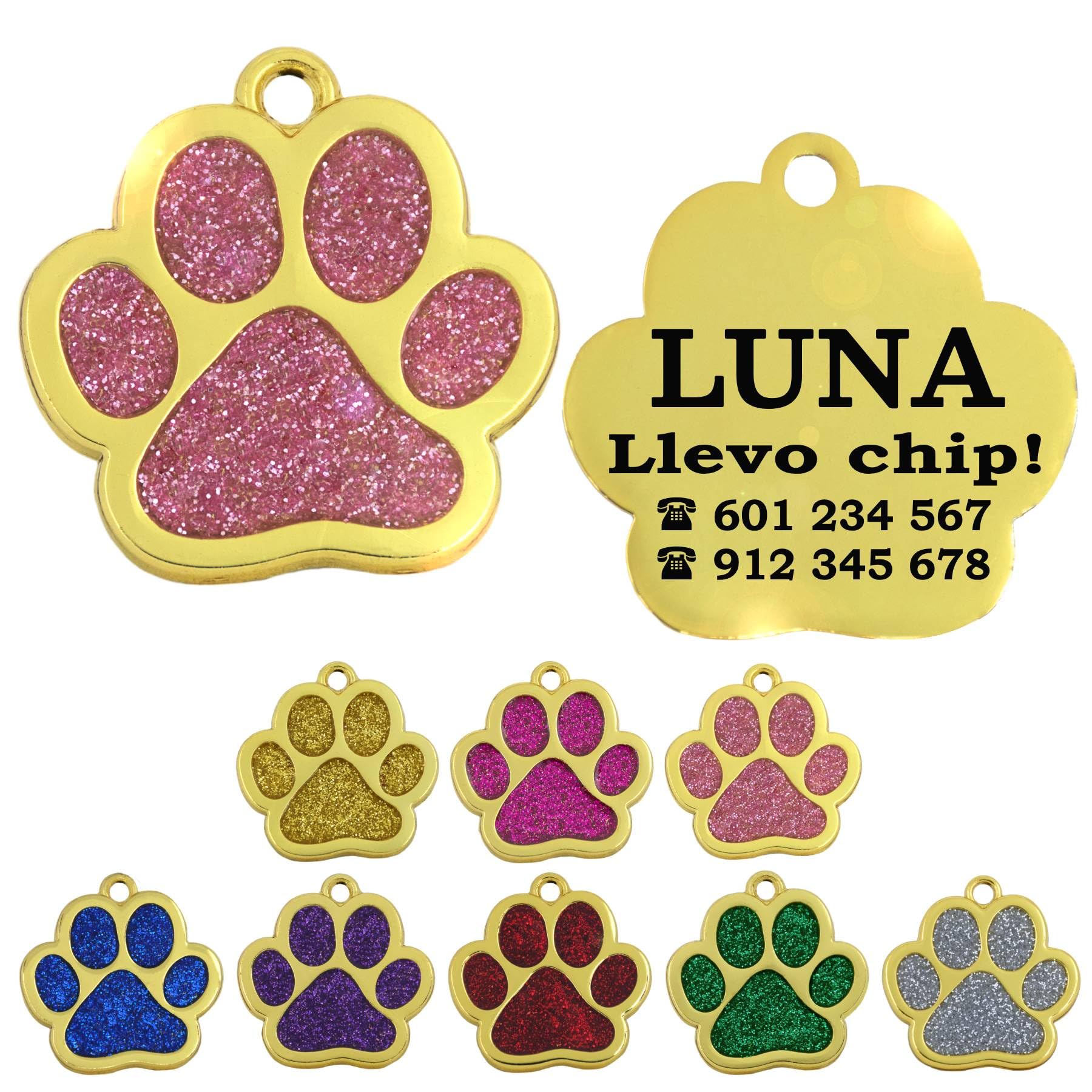 Ibera Gifts - Chapa Perro Grabada en Forma de Pata con Purpurina, Placa Perro Personalizada para Perros y Gatos Pequeños y Medianos, Tamaño 24 mm x 27 mm, Chapa Identificativa Perro y Gato (Azul)