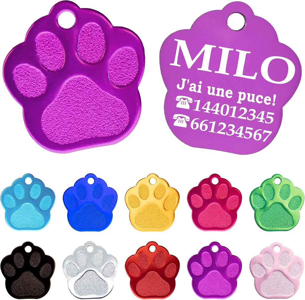 Chapa Perro Grabada en Forma de Pata, Placa Perro Personalizada para Perros y Gatos Medianos y Grandes, Tamaño 35 mm x 35 mm, Chapa Identificativa Perro y Gato (Lila)