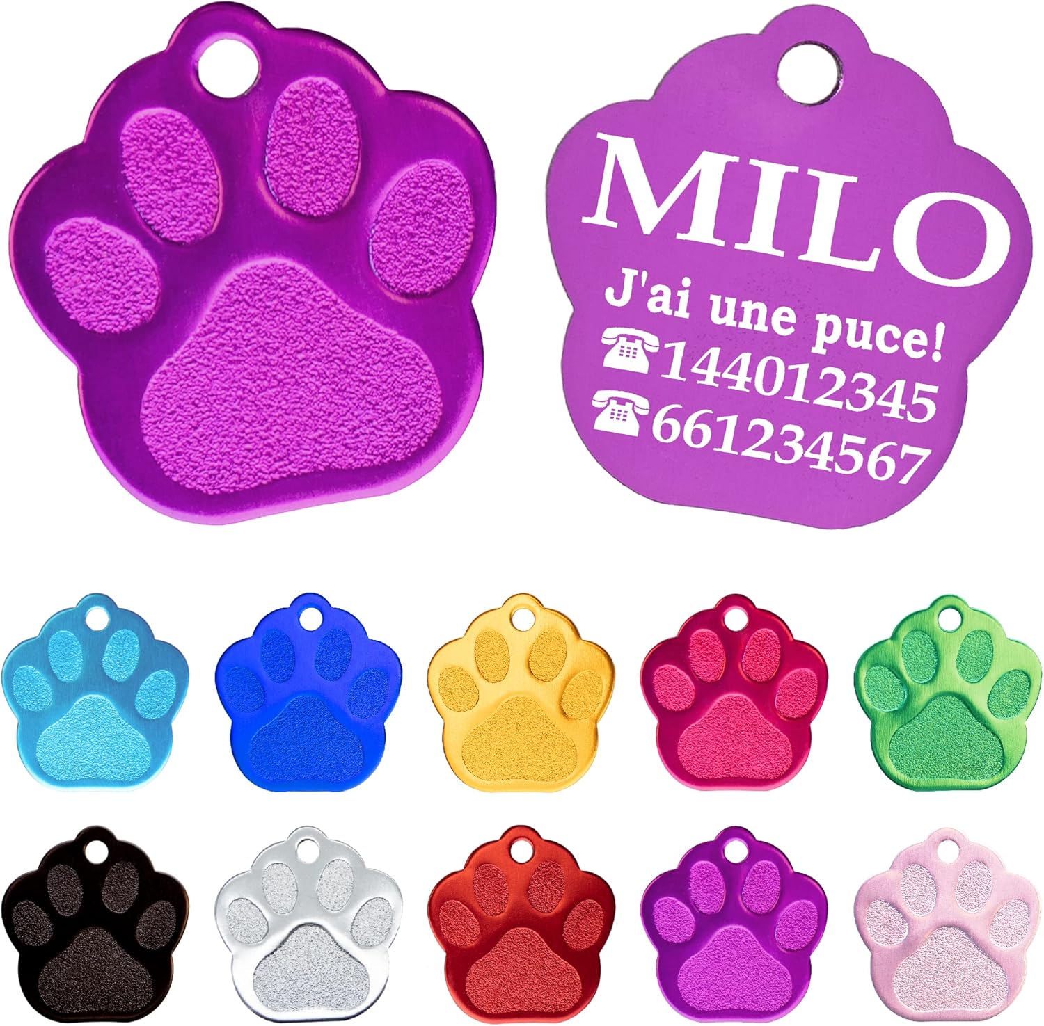 Chapa Perro Grabada en Forma de Pata, Placa Perro Personalizada para Perros y Gatos Medianos y Grandes, Tamaño 35 mm x 35 mm, Chapa Identificativa Perro y Gato (Lila)
