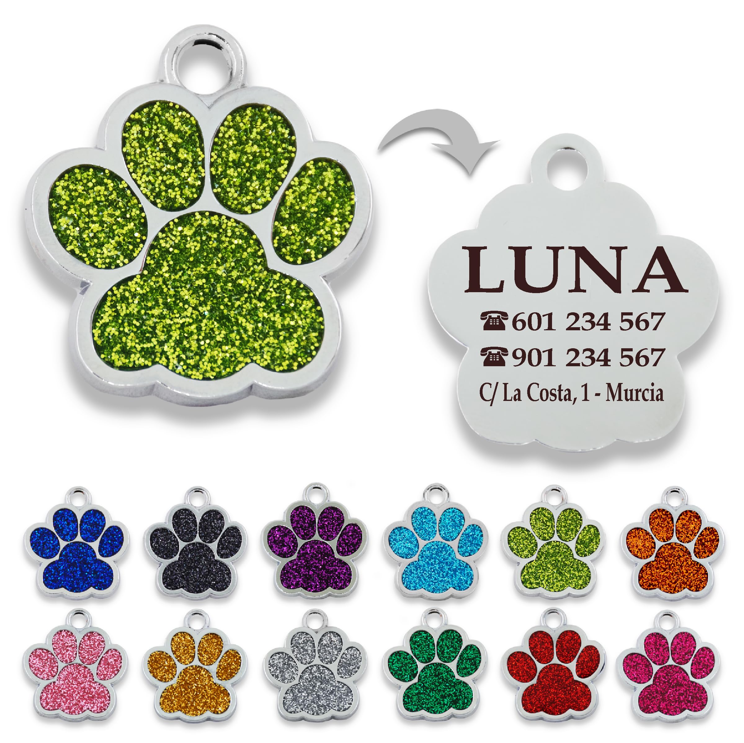 Ibera Gifts - Chapa Perro Grabada en Forma de Pata con Purpurina, Placa Perro Personalizada para Perros y Gatos Pequeños y Medianos, Tamaño 24 mm x 27 mm, Chapa Identificativa Perro y Gato (Azul)